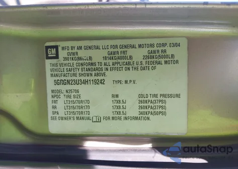 2004 Hummer H2 из США, поврежденный, VIN 5GRGN23U34H119242